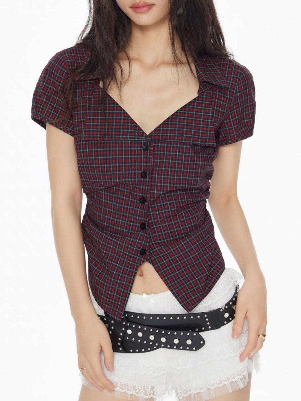 COTTON-BLEND TARTAN SPLIT GINGHAM RUCHED SHIRT
